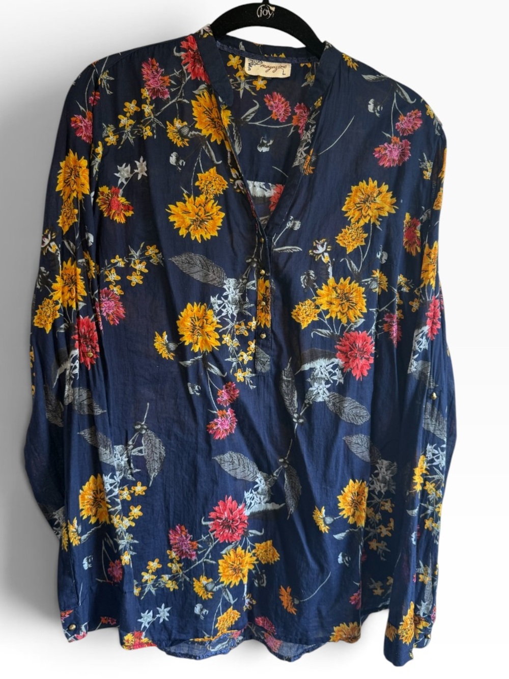 Magazine Size L Navy Floral Boho Blouse Long Sleeve V Neck Tunic